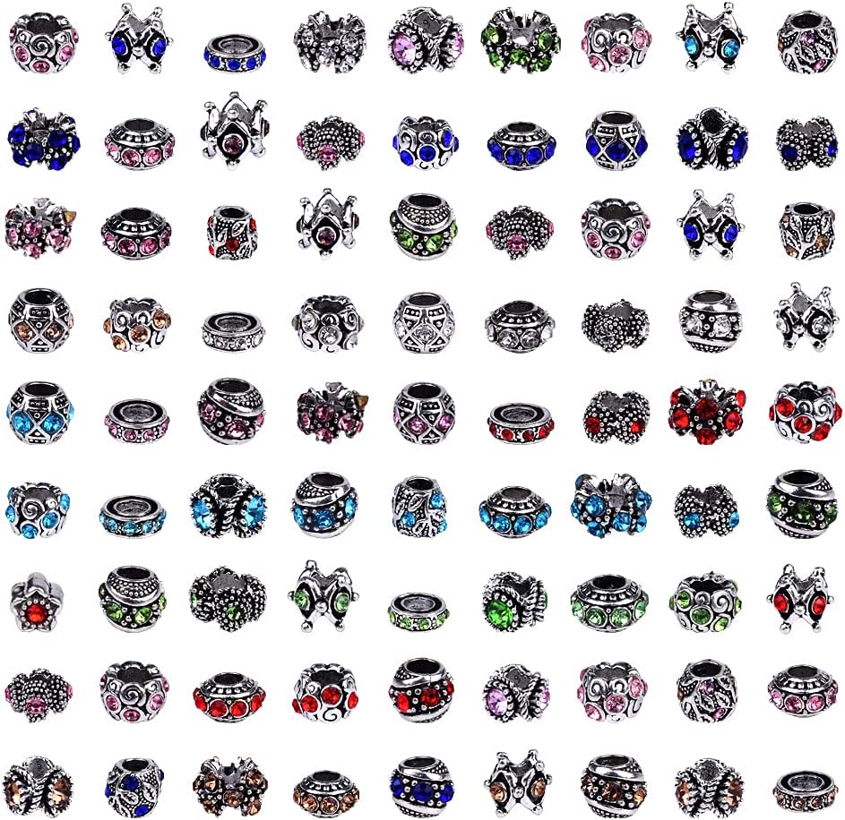60 Pieces Assorted European Beads with Plating Silver Metal Alloy Rhinestone Large Hole Spacer Beads for DIY Charm Bracelet Jewelry Making (Inlaid Drill Alloy) image 1