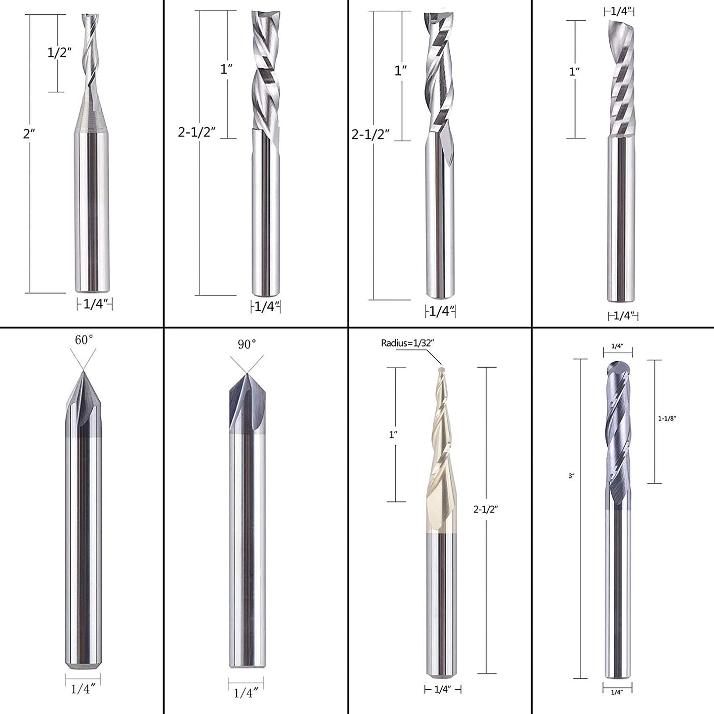 SpeTool CNC Router Bits Carving 8 Pcs Set for Wood Detail Profile V Groove Engraving Solid Carbide 1/4 Inch Shank image 1