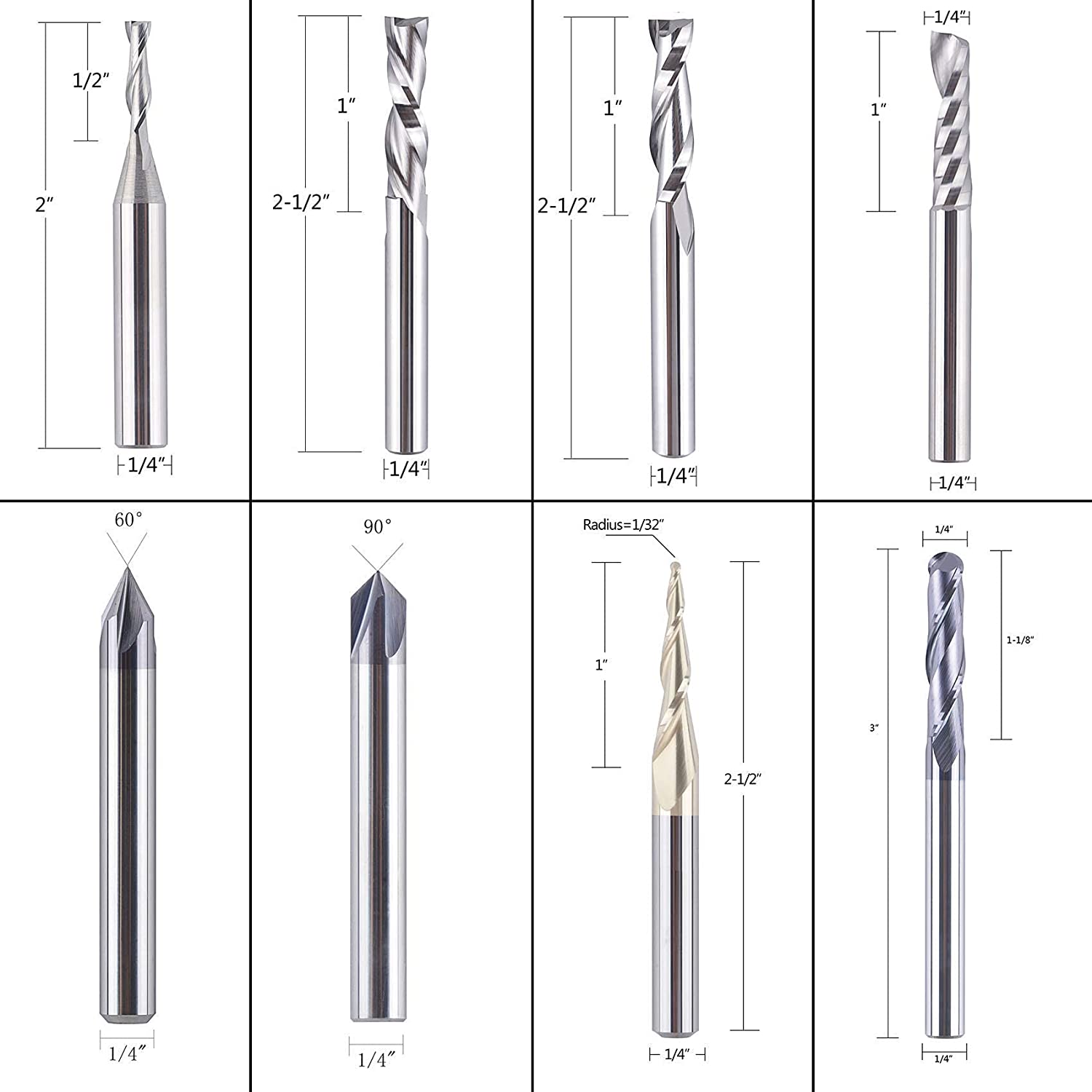 SpeTool CNC Router Bits Carving 8 Pcs Set for Wood Detail Profile V Groove Engraving Solid Carbide 1/4 Inch Shank image 1