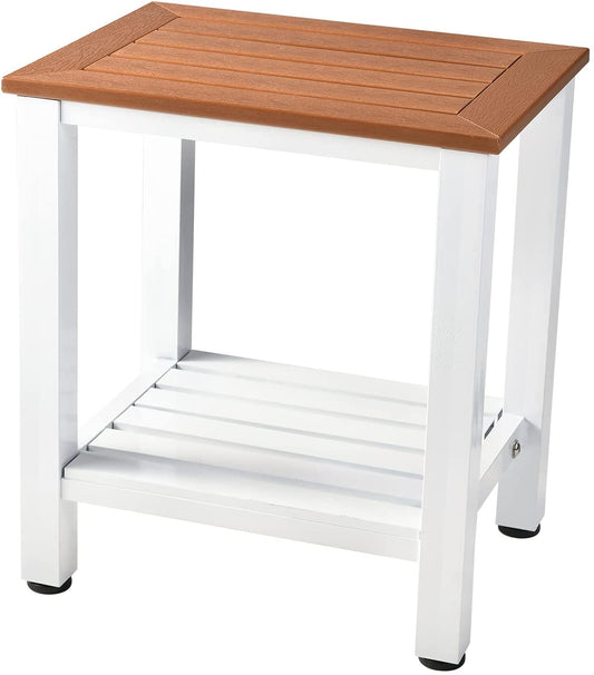 Shower Bench, Bath Stool with Adjustable Height Spa Sauna Seat with 2-Tier Storage Shelf, Maintenance-Free, Rubber Feet for 300 lbs Weight Capacity image 0