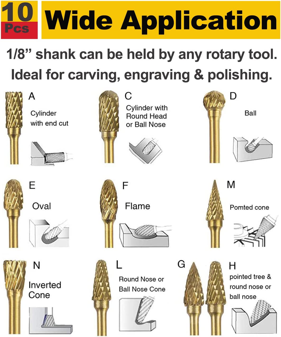 Double Cut Titanium Carbide Rotary Burr Set - Rocaris 10 Pieces 1/8"(3mm) Shank and 1/4"(6 mm) Head SizeTungsten Steel, for Woodworking, Drilling, Metal Craving, Engraving, Polishing image 4