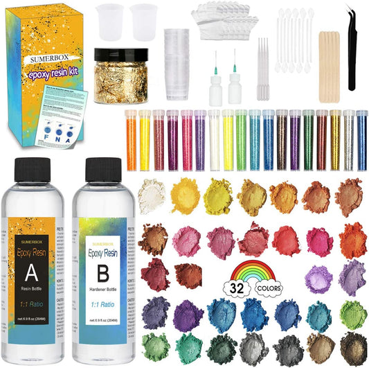 SUMERBOX Clear Cast Epoxy Resin Kit, Cast Resin 13.8 Ounce, 32 Assorted Colors Mica Powders, Measuring Cups, Tip Applicator Bottles, Gloves, Pipettes, Mixing Sticks, Clear Spoons image 0