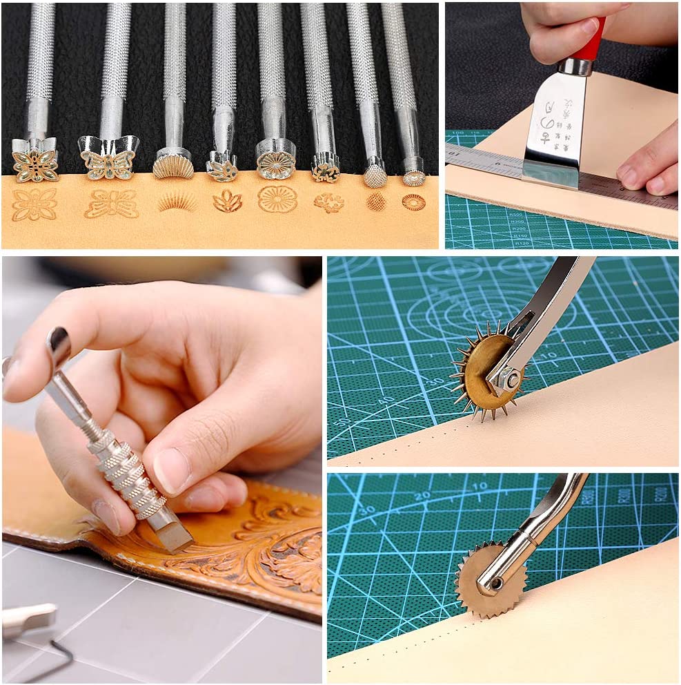 Electop Leather Working Tools Kit, Leather Crafting Tools and Supplies with Leather Stamping Tool Prong Punch Edge Beveler Cutting Mat Awl Wax Ropes Needles DIY Leather Making Stitching Sewing Kit image 4