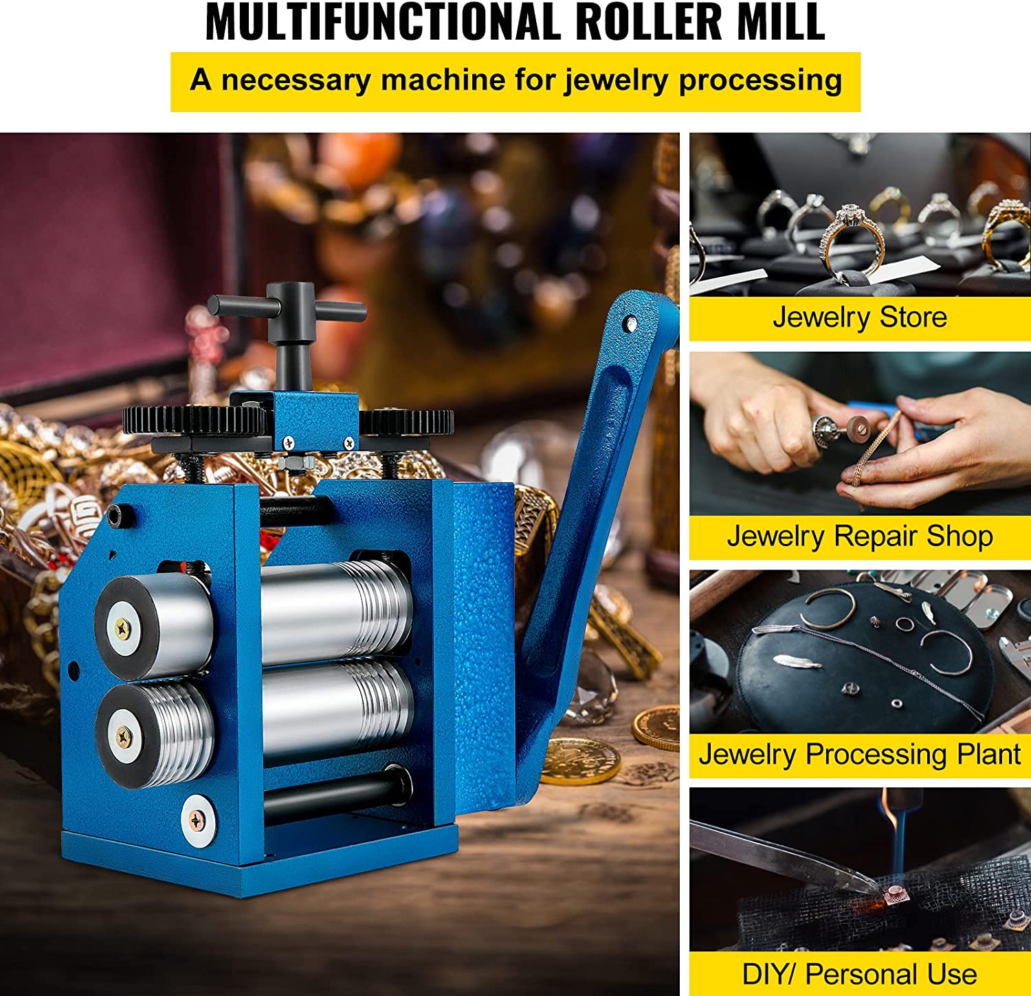 VEVOR Rolling Mill 4.4"/112mm Jewelry Rolling Mill Machine Gear Ratio 1:2.5 Wire Roller Mill 0.1-7mm Press Thickness Manual Combination Rolling Mill for Jewelry Sheet Square Semicircle Circle Pattern image 1