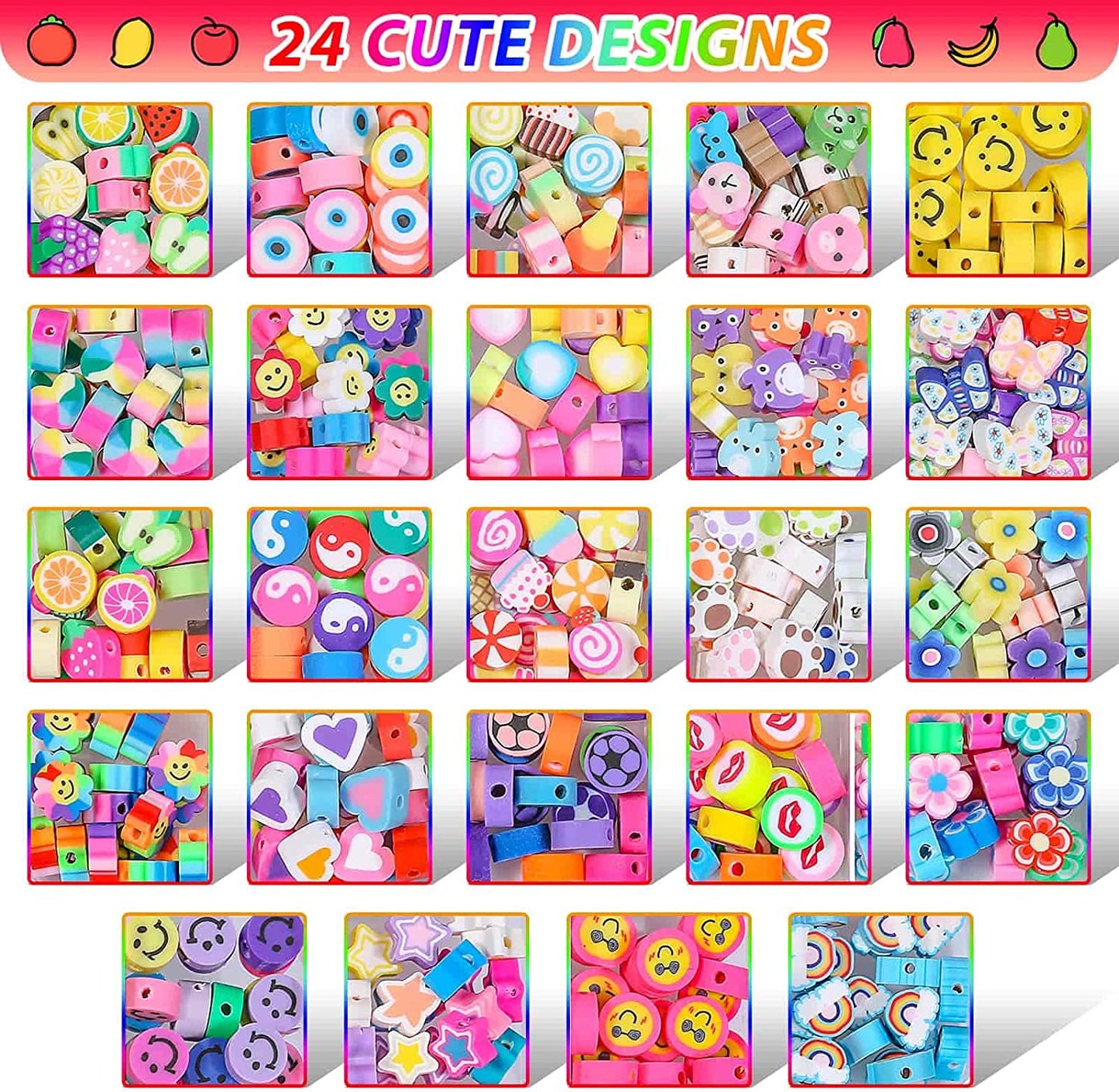 480 Pcs Fruit Flower Polymer Clay Beads, 24 Styles Trendy Cute Smiley Bead Charms for Bracelets Jewelry Necklace Earring Making with Elastic String image 1