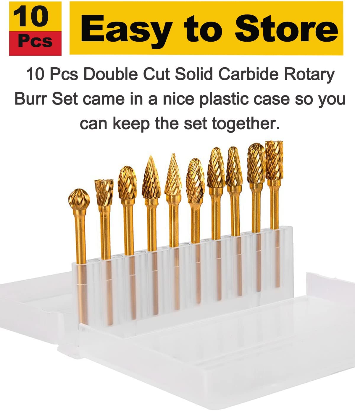 Double Cut Titanium Carbide Rotary Burr Set - Rocaris 10 Pieces 1/8"(3mm) Shank and 1/4"(6 mm) Head SizeTungsten Steel, for Woodworking, Drilling, Metal Craving, Engraving, Polishing image 5