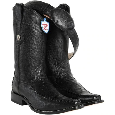 WILD WEST BOOTS #278T0305 MEN'S | COLOR BLACK | MEN’S WILD WEST OSTRICH WITH DEER SQUARE TOE BOOTS HANDCRAFTED image 0