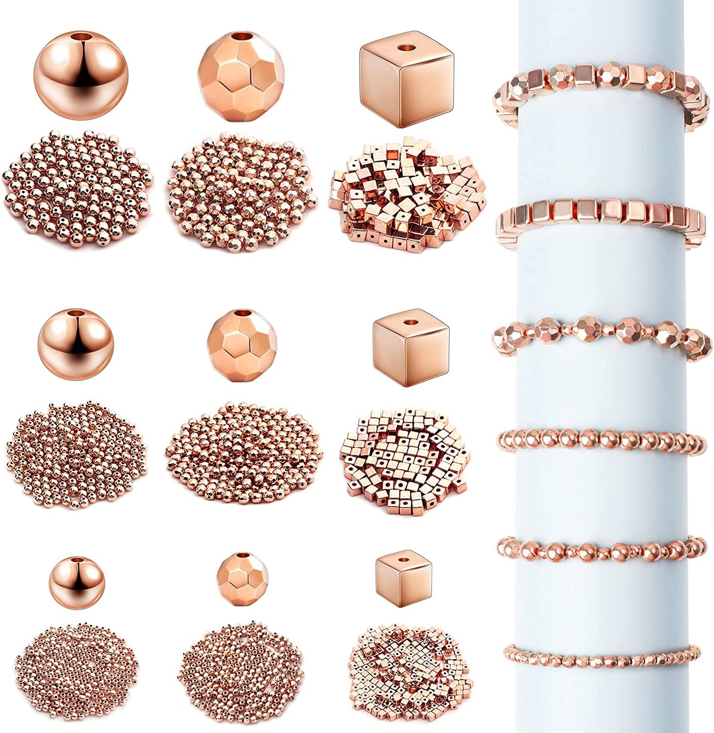 1800 Pieces Spacer Beads 4mm/ 6mm/ 8mm DIY Loose Beads Assorted Spacer Beads Round Square Rhombus Smooth Beads or Stackable Bracelet Jewelry Craft Making, Rose Golden image 0