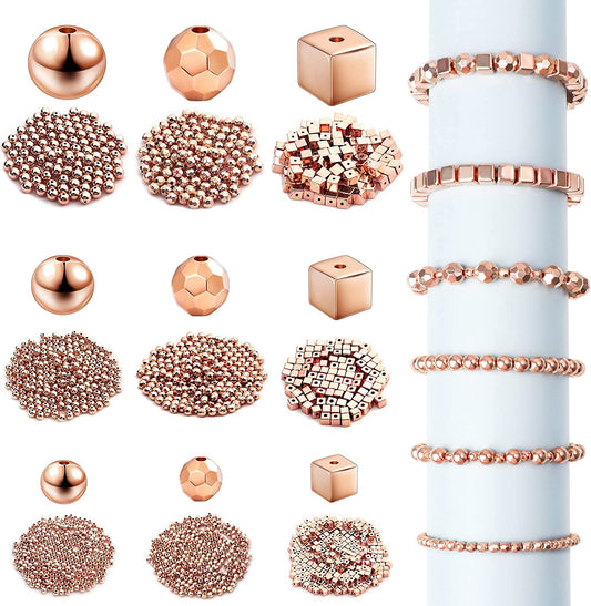 1800 Pieces Spacer Beads 4mm/ 6mm/ 8mm DIY Loose Beads Assorted Spacer Beads Round Square Rhombus Smooth Beads or Stackable Bracelet Jewelry Craft Making, Rose Golden image 0