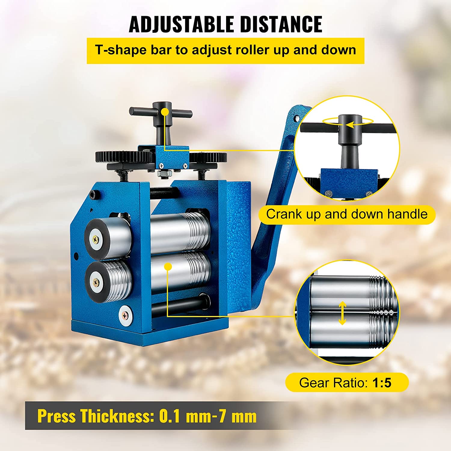 VEVOR Rolling Mill 4.4"/112mm Jewelry Rolling Mill Machine Gear Ratio 1:2.5 Wire Roller Mill 0.1-7mm Press Thickness Manual Combination Rolling Mill for Jewelry Sheet Square Semicircle Circle Pattern image 3