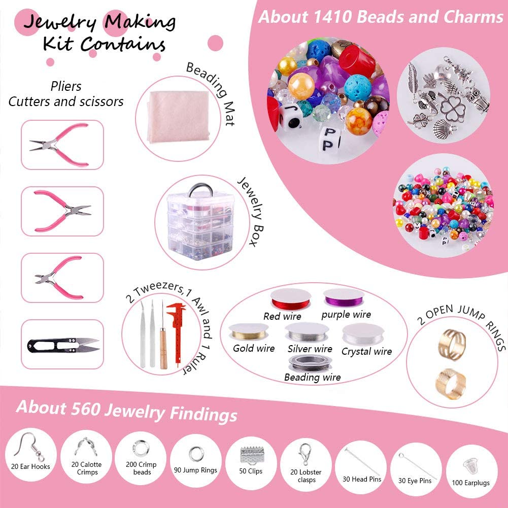2020Pcs Jewelry Making Supplies Kit Earrings and Repair Tools Include Jewelry Charms, Beads, Findings, Case and Beading Wire for Necklace Bracelet, DIY Craft Gifts for Girls, Kids image 2