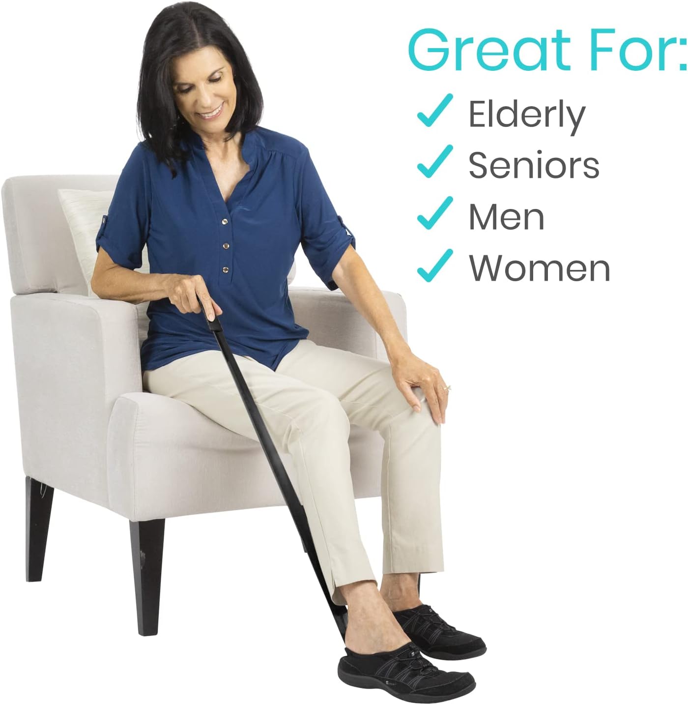 Extra-Long 31.5" Stainless Shoe Horn — Leather Grip, Standing Reach