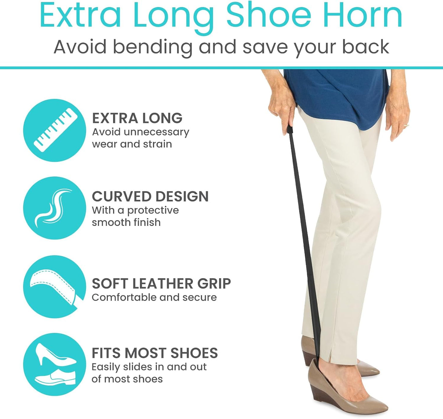 Extra-Long 31.5" Stainless Shoe Horn — Leather Grip, Standing Reach