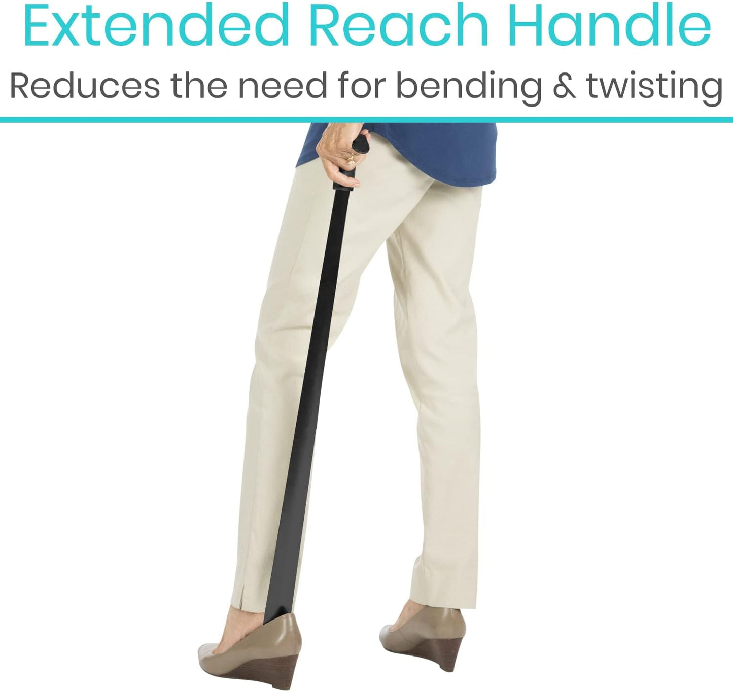 Extra-Long 31.5" Stainless Shoe Horn — Leather Grip, Standing Reach