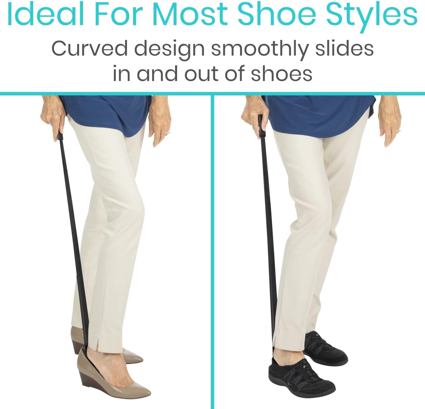 Extra-Long 31.5" Stainless Shoe Horn — Leather Grip, Standing Reach