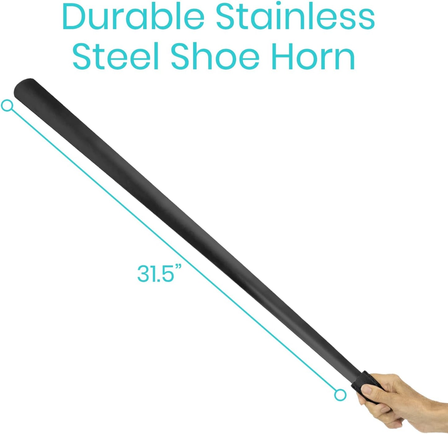 Extra-Long 31.5" Stainless Shoe Horn — Leather Grip, Standing Reach