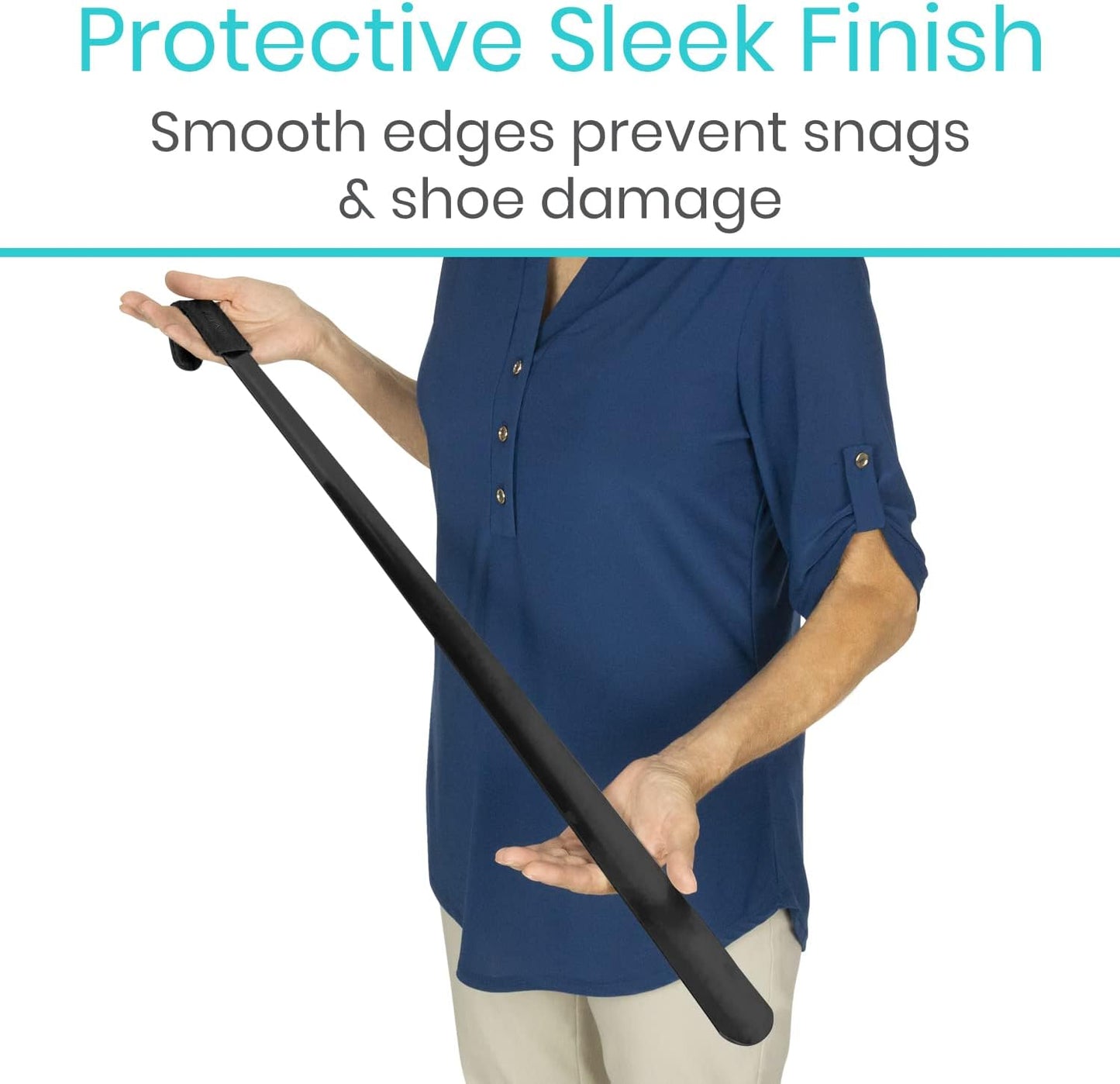 Extra-Long 31.5" Stainless Shoe Horn — Leather Grip, Standing Reach