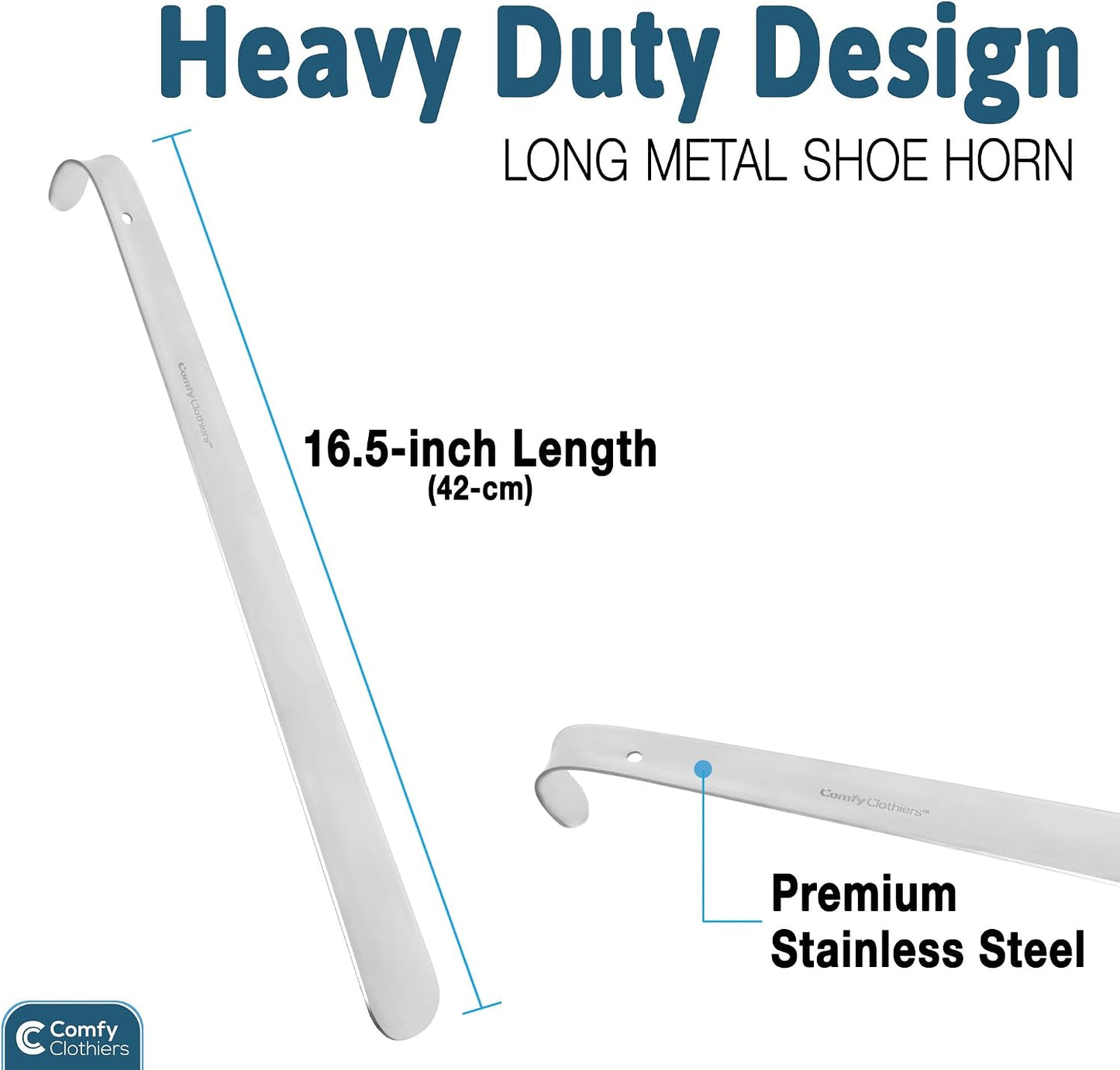 Long Handle Stainless Steel Shoe Horn 16.5" — Heavy-Duty Standing Assist