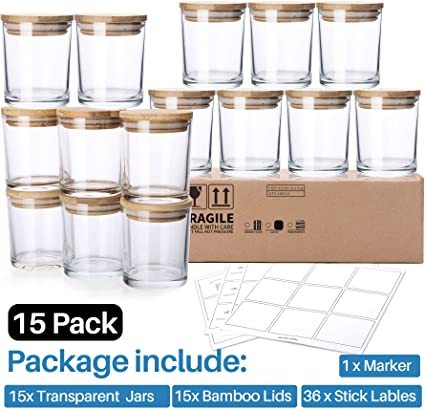 15 Pack, 6 OZ Thick Glass Jars with Airtight Bamboo Lids and Sticky Labels, Clear Empty Candle Jars for Making Candles, Spice Jars, Sample Container - Dishwash Safe image 3
