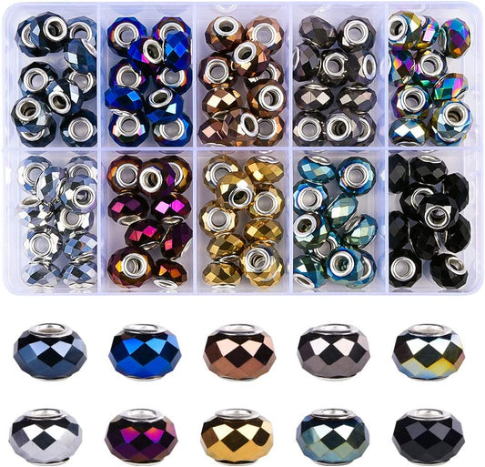 100 Pieces Assorted European Craft Beads Large Hole Crystal Lampwork Spacer Beads Colorful European Beads for DIY Necklace Bracelet Jewelry Making (Faceted Beads Plating Metallic) image 0