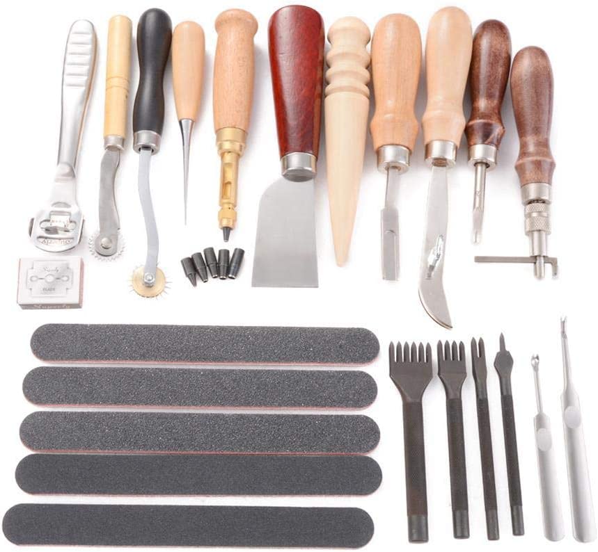 19Pcs Leather Craft Sewing Tools Punch Kit Stitching Working Groover Thread Awl Trimming Hand Set image 4