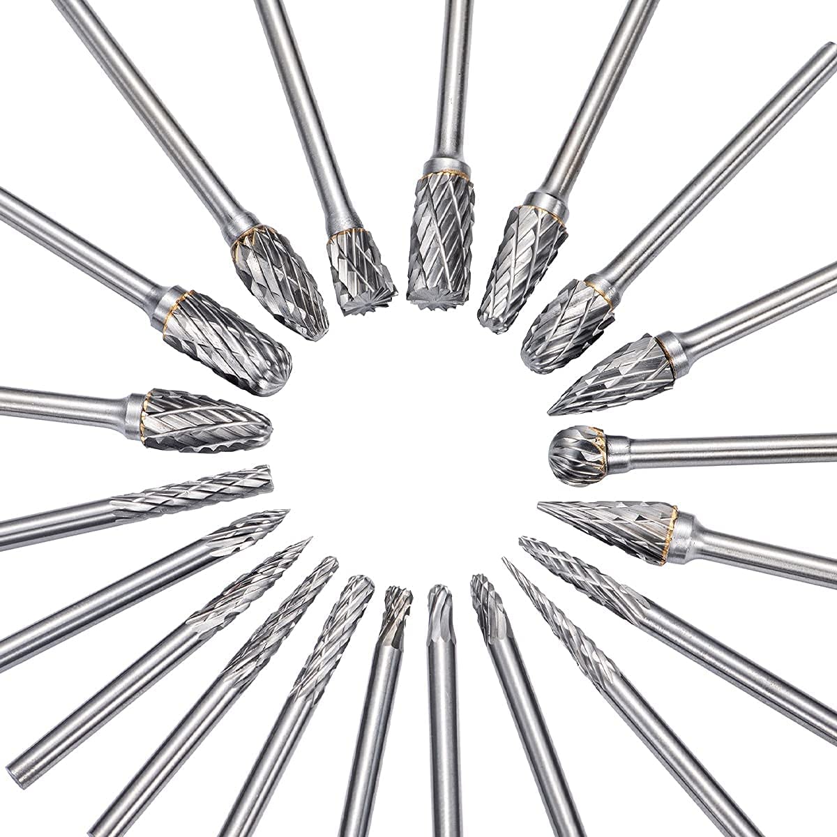 Rokrou Carbide Double Cut for Dremel carving bits, rotary tool, 20 Pcs Rotary Burr Set with 1/8” Shank and 1/4" Head Length for, Woodworking, Engraving, Metal Carving, Drilling, Polishing image 0