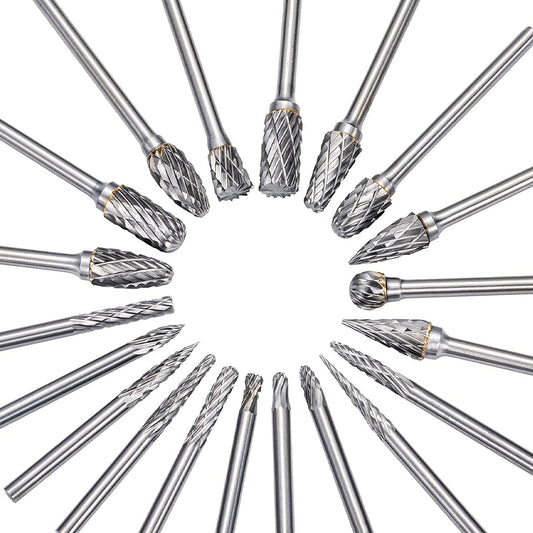 Rokrou Carbide Double Cut for Dremel carving bits, rotary tool, 20 Pcs Rotary Burr Set with 1/8” Shank and 1/4" Head Length for, Woodworking, Engraving, Metal Carving, Drilling, Polishing image 0