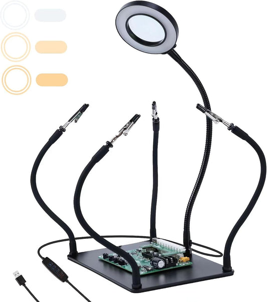 iklestar Helping Hands Soldering, Third Hand Soldering Tool with 3X LED Magnifying Lamp PCB Holder Flexible Metal Arms Adjustable Helping Hand for Electronic Soldering Repair Jewelry Crafts image 0