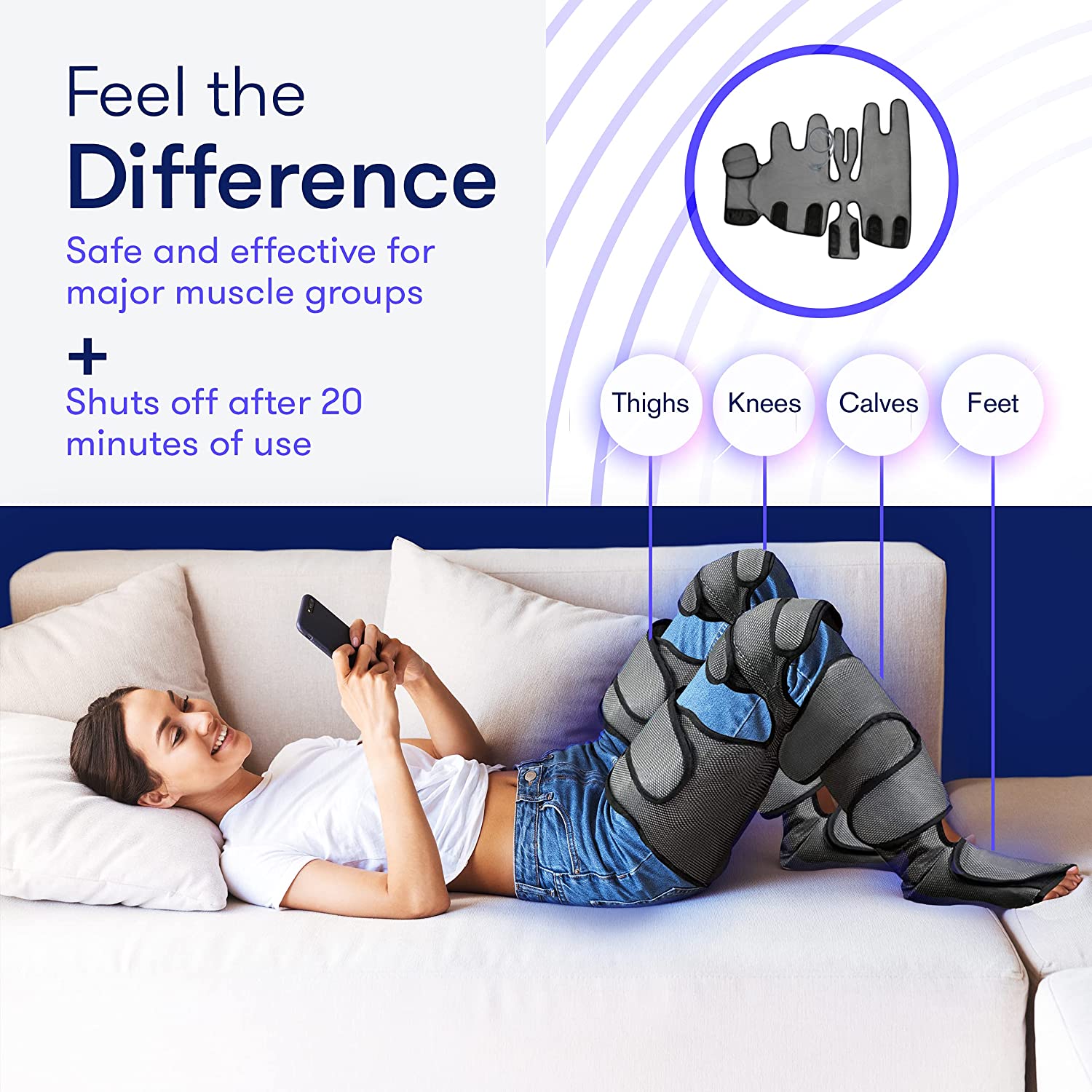 Perfecore Leg Massager with Heat Air Compression Foot Massager for Circulation Muscles Relaxation Adjustable Feet Calves Massager with 3 Pressure Levels &amp; 7 Massager Modes, Small Knee Grey image 4