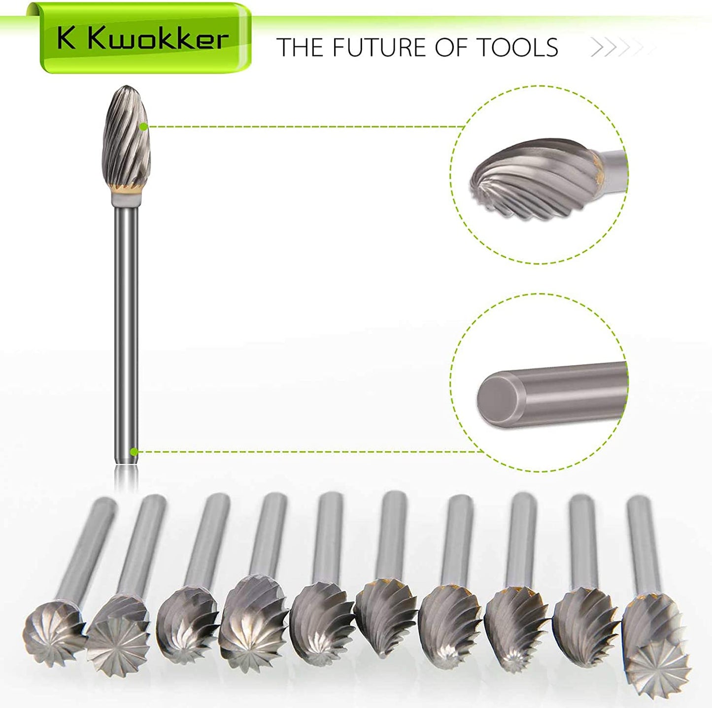K Kwokker Tungsten Carbide Burr Set 1/8 Shank Diamond Files HRA85 Rotary Tool Accessory Kit, Drill Chucks Accessories for Dremel Rotary Drill Air Die Grinder for Metal Polishing, Wood Carving image 2
