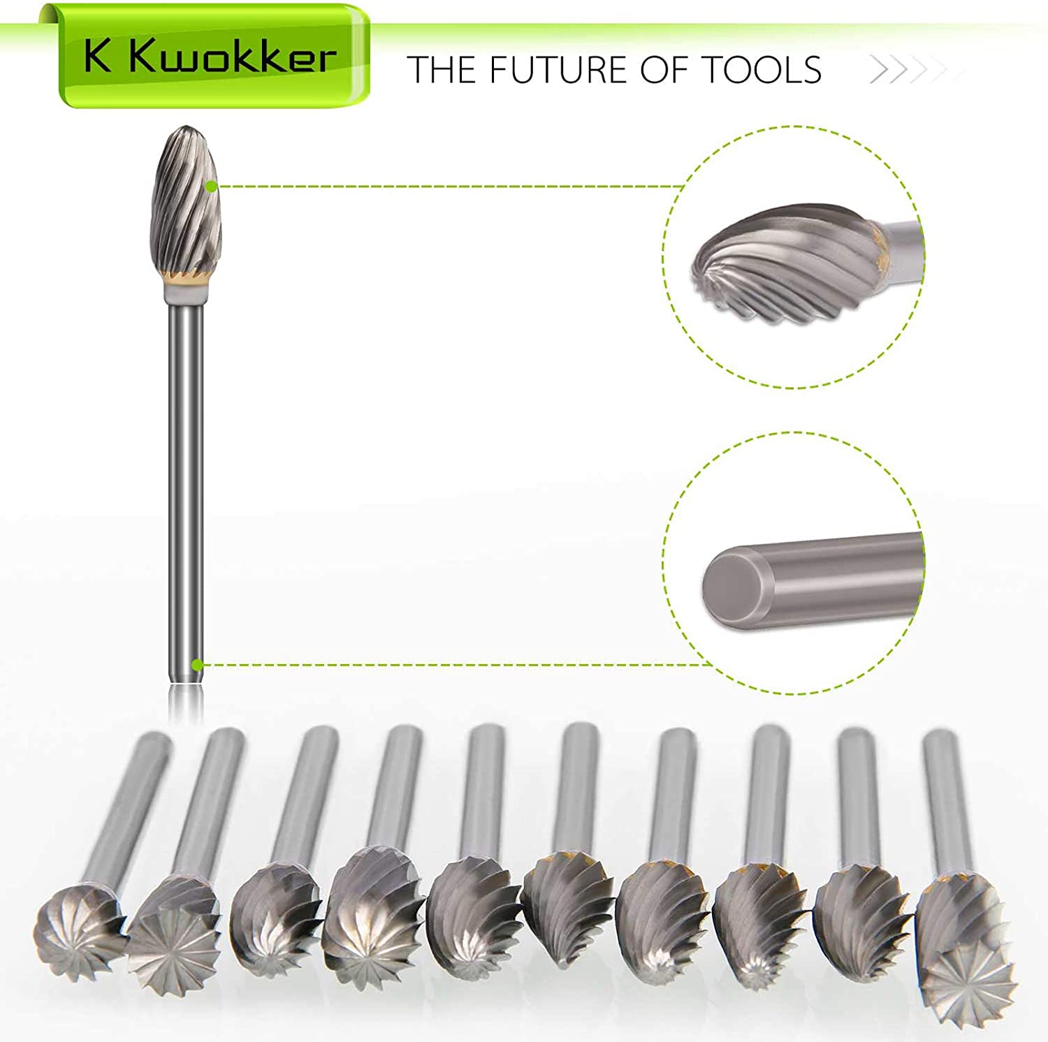 K Kwokker Tungsten Carbide Burr Set 1/8 Shank Diamond Files HRA85 Rotary Tool Accessory Kit, Drill Chucks Accessories for Dremel Rotary Drill Air Die Grinder for Metal Polishing, Wood Carving image 2