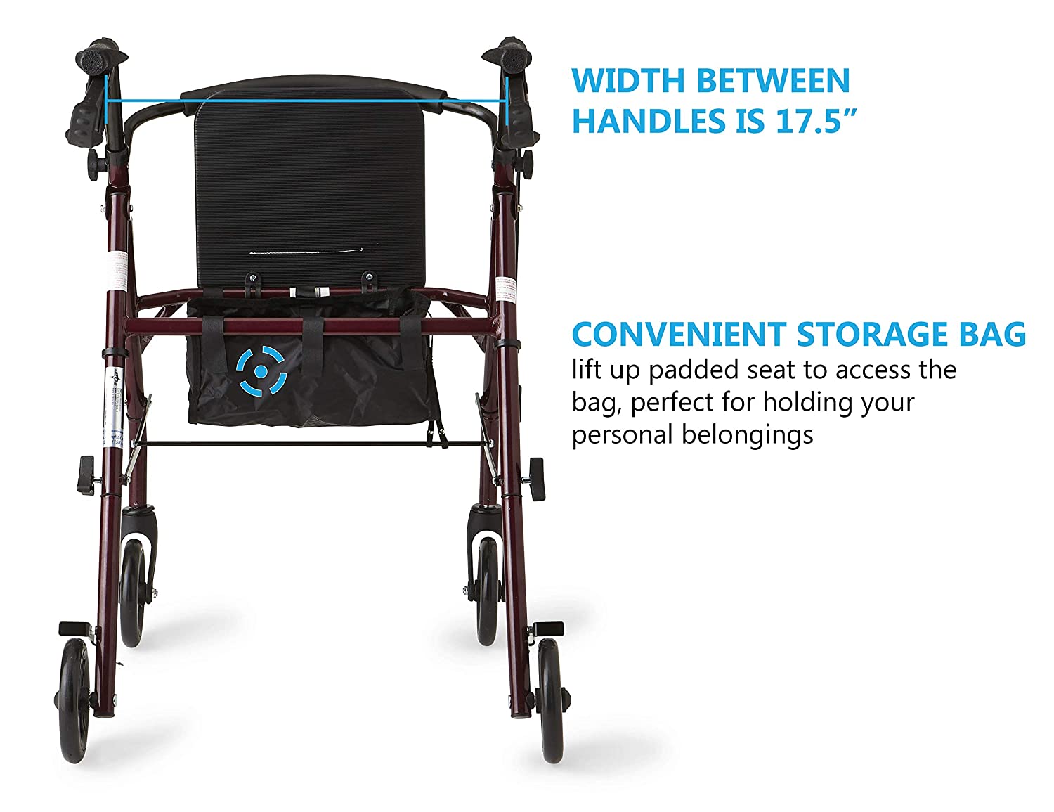 Medline Rollator Walker with Seat, Steel Rolling Walker with 6-inch Wheels Supports up to 350 lbs, Medical Walker, Burgundy image 3