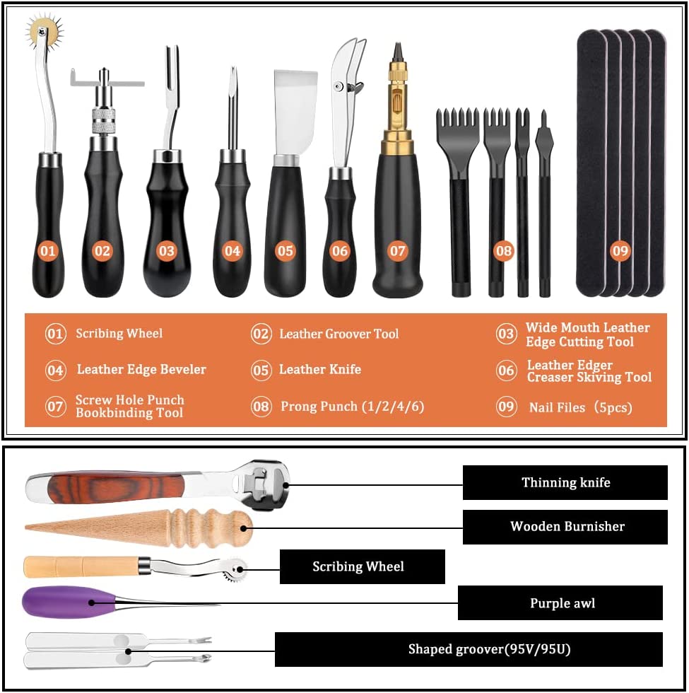 Leather Craft Kits Leather Working Tools and Supplies, Leather Sewing Kit Leather Tool Holder Leather Stamping Set, Leather Starter Kit with Prong Punch, Awl for Leather Craft Making DIY Sewing image 1