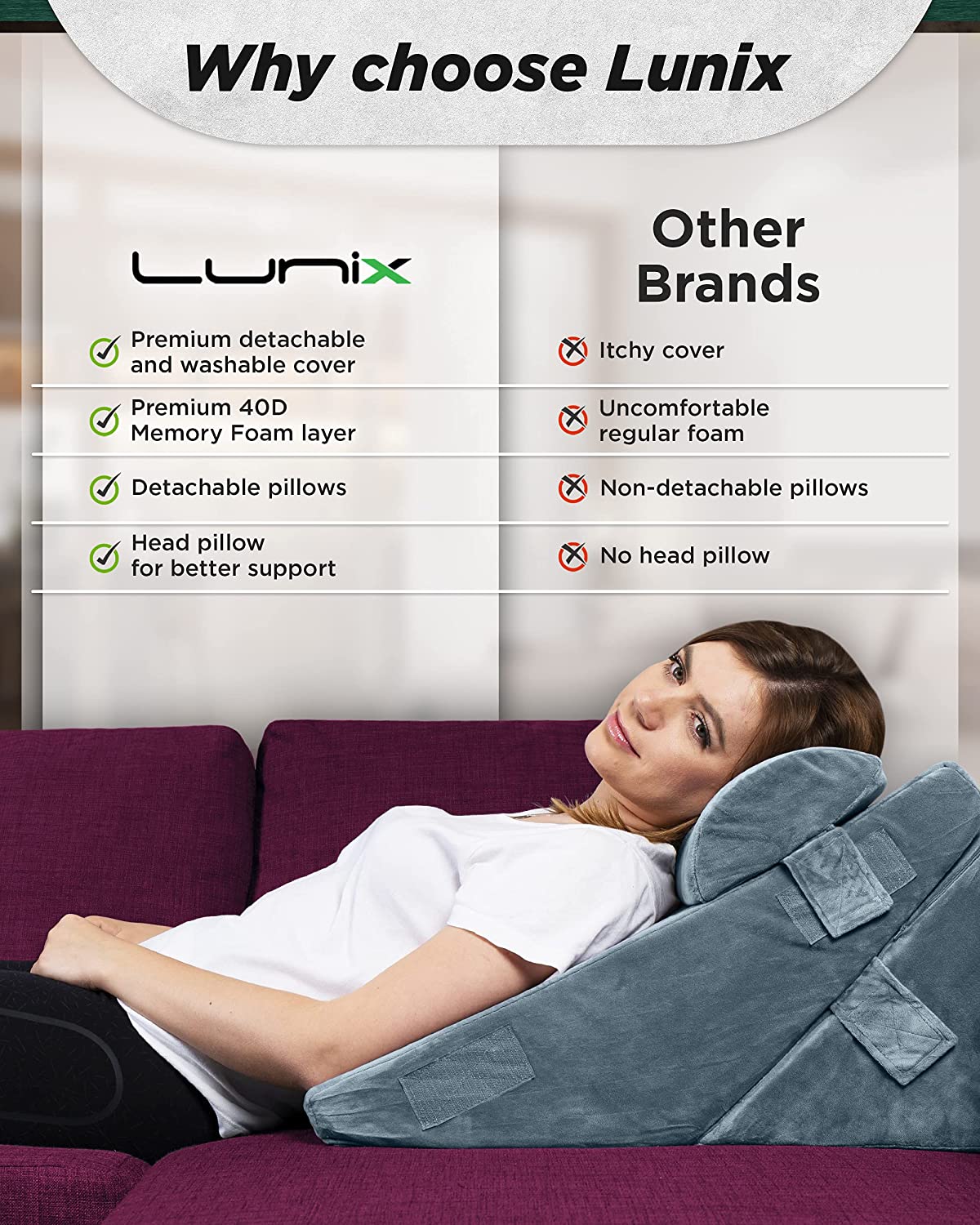 Lunix LX6 3pcs Orthopedic Bed Wedge Pillow Set, Post Surgery Memory Foam for Back,Leg and Knee Pain Relief. Sitting Pillow for Reading, Adjustable Pillows for Acid Reflux and GERD for Sleeping Navy image 2