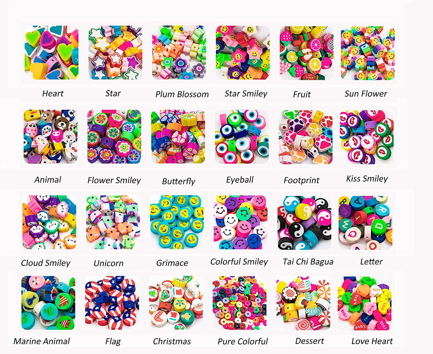 666PCS Flower Smiley Polymer Clay Beads Charms 24 Styles Cool Fun Cute Preppy Beads for Jewelry Making Girls Indie Aesthetic Beads DIY Bracelet Accessories Kit 5m Crystal Elastic String for Kids image 2
