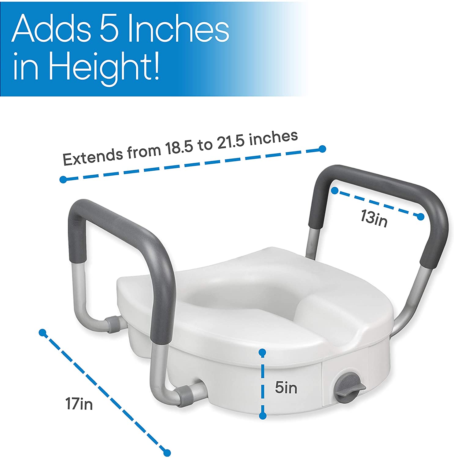 RMS Raised Toilet Seat - 5 Inch Elevated Riser with Adjustable Padded Arms - Toilet Safety Seat for Elongated or Standard Commode image 1