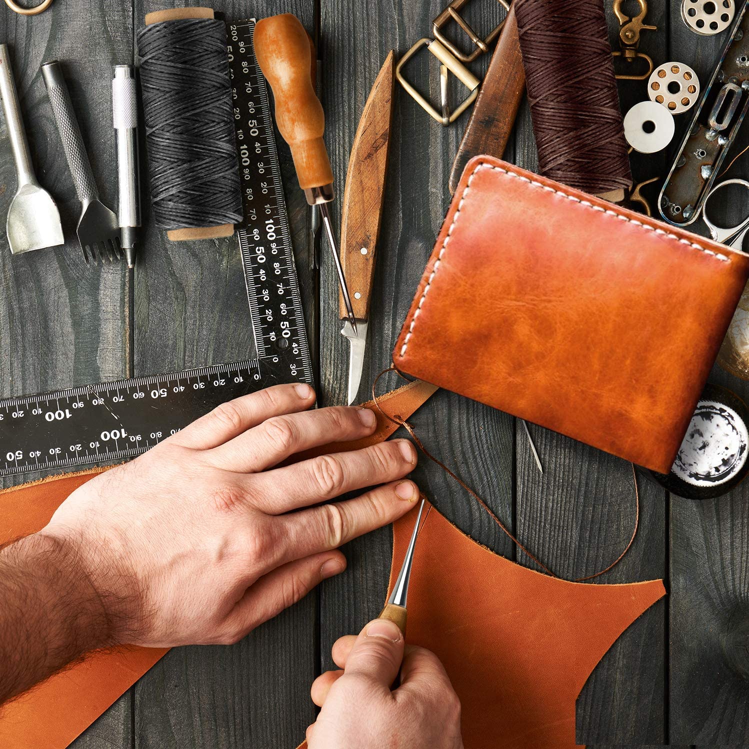 FEPITO 58 Pcs Leather Craft Tools Leather Working Tools Kit DIY Leather Sewing Tools for Leather Making Leather Craft DIY Tool image 1