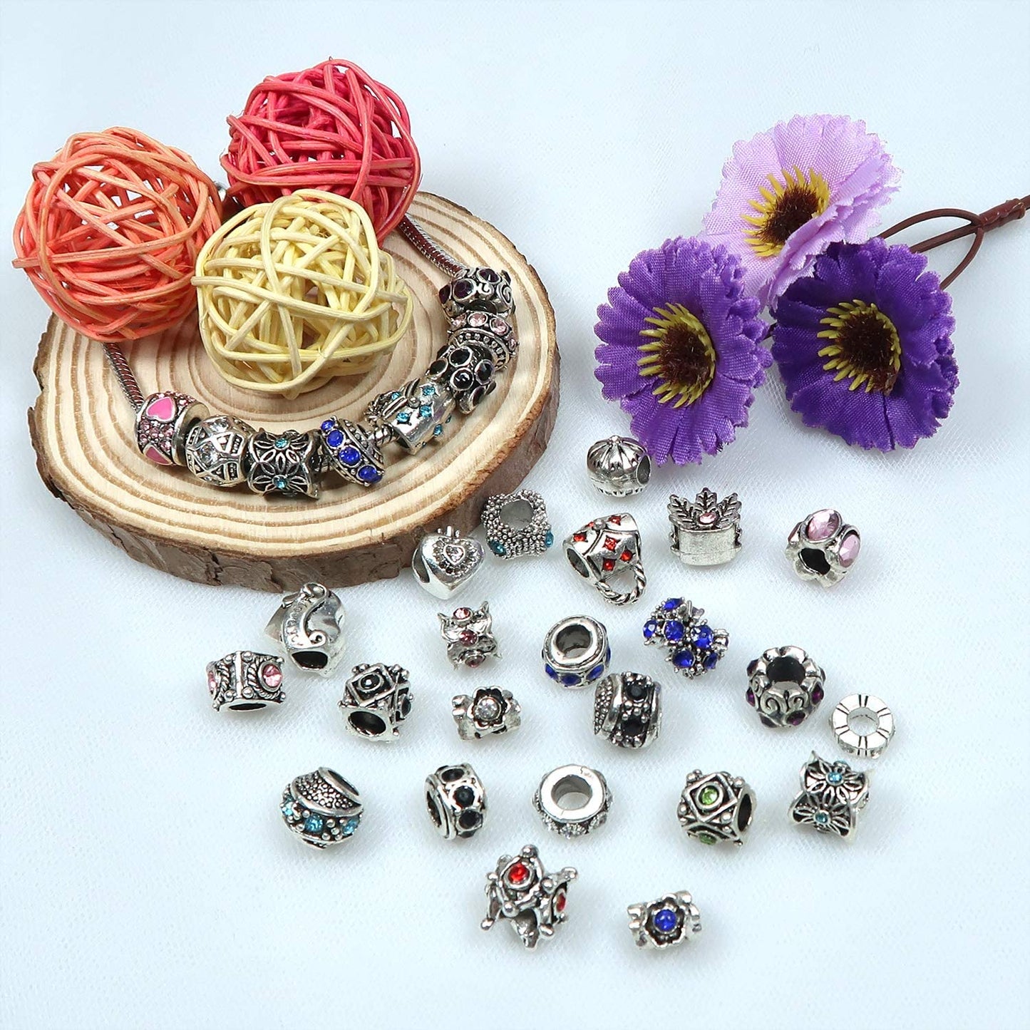 TOAOB 30pcs Assorted Antique Silver Rhinestone European Lampwork Charms Beads Large Hole Spacer Beads Charms Supplies for Bracelet Necklace Jewelry Making image 4