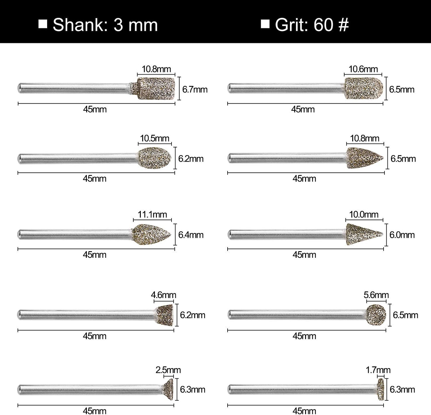 60 Grit 20Pcs 𝗗𝗶𝗮𝗺𝗼𝗻𝗱 𝗕𝘂𝗿𝗿 𝗦𝗲𝘁 - GOXAWEE Rotary Grinding Burrs Engraving Bits Set with 1/8-inch Shank, Diamond-Coated Stone Carving Accessories Bit Universal Fitment for Rotary Tools image 7