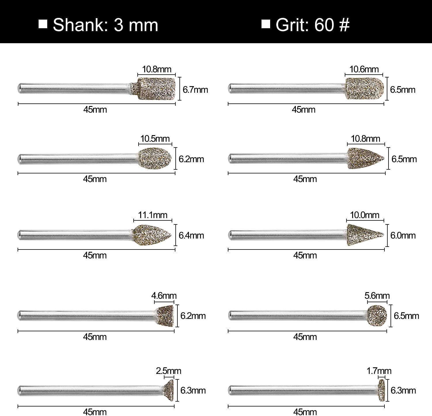 60 Grit 20Pcs 𝗗𝗶𝗮𝗺𝗼𝗻𝗱 𝗕𝘂𝗿𝗿 𝗦𝗲𝘁 - GOXAWEE Rotary Grinding Burrs Engraving Bits Set with 1/8-inch Shank, Diamond-Coated Stone Carving Accessories Bit Universal Fitment for Rotary Tools image 7