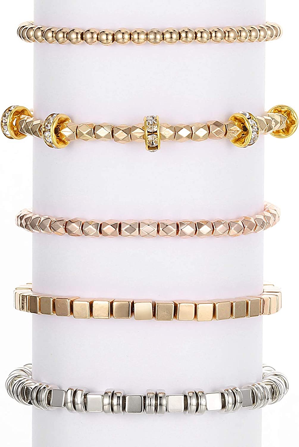3630 Pieces Assorted Spacer Beads Faceted Rondelle Cube Beads Square Spacer Column Beads Crystal Round Jewelry Charms for Jewelry Making DIY Loose Beads, 5 Styles (Platinum, Gold, Rose Gold) image 4