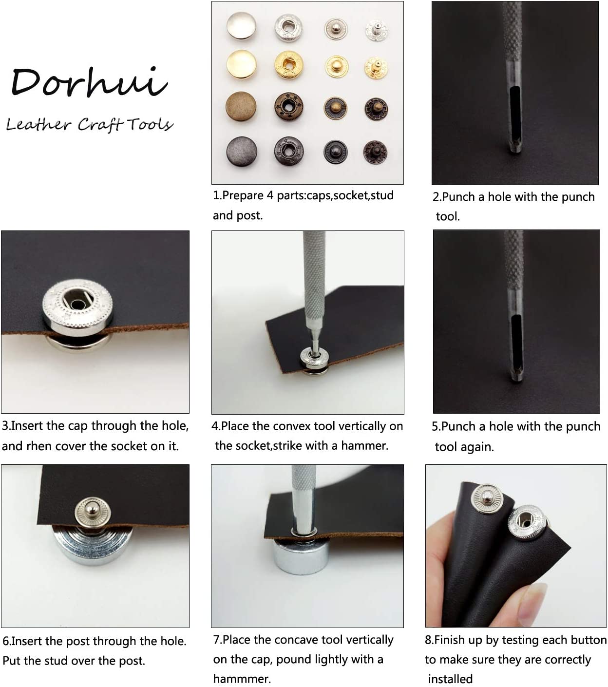 Dorhui 194 Pieces Leather Working Tools with Instruction,Leather Stamping Tools with Cutting Mat Snaps and Rivets Kit, Stitching Groover, Prong Punch, Leather Saddle Making Tools for DIY Leather Craft image 4