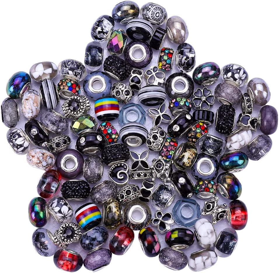 VICTLOV 60 Pieces European Large Hole Spacer Beads Charm Fairy Wands Beads Rhinestone Lampwork Beads Supplies for Bracelets Jewelry Making (Black) image 0