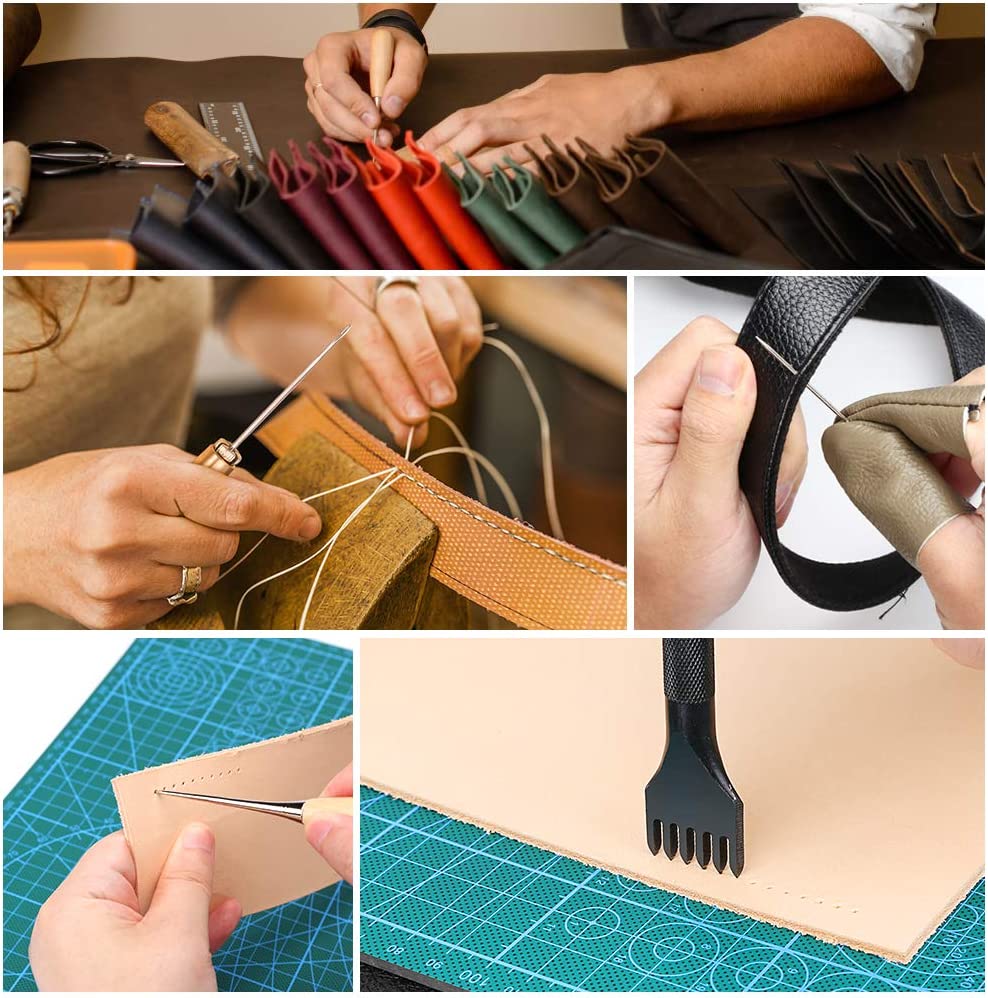 Electop Leather Working Tools Kit, Leather Crafting Tools and Supplies with Leather Stamping Tool Prong Punch Edge Beveler Cutting Mat Awl Wax Ropes Needles DIY Leather Making Stitching Sewing Kit image 5
