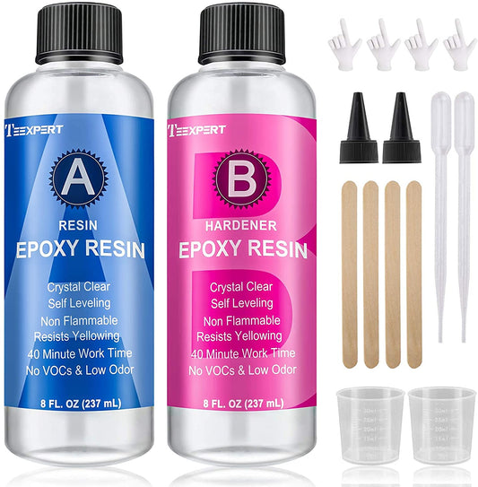 Teexpert 16OZ Epoxy Resin - Crystal Clear Resin Kit for Jewelry DIY Art Crafts Cast Coating Wood,Easy Cast Resin Bonus with 4 Sticks,2 Graduated Cups, 2 Pairs Gloves, 2 Droppers, 2 Beak Covers image 0