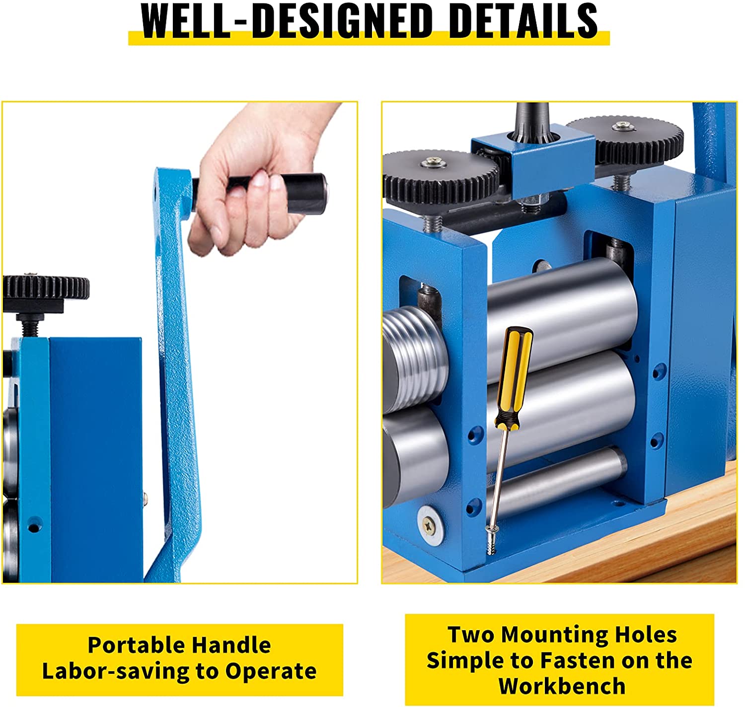 VEVOR Jewelry Rolling Mill 4.4"/112mm, Gear Ratio 1:2.5 Wire Roller Mill 0.1-7mm Press Thickness Manual Combination Rolling Mill w/Iron Roller for Jewelry Sheet Semicircle Pattern image 4