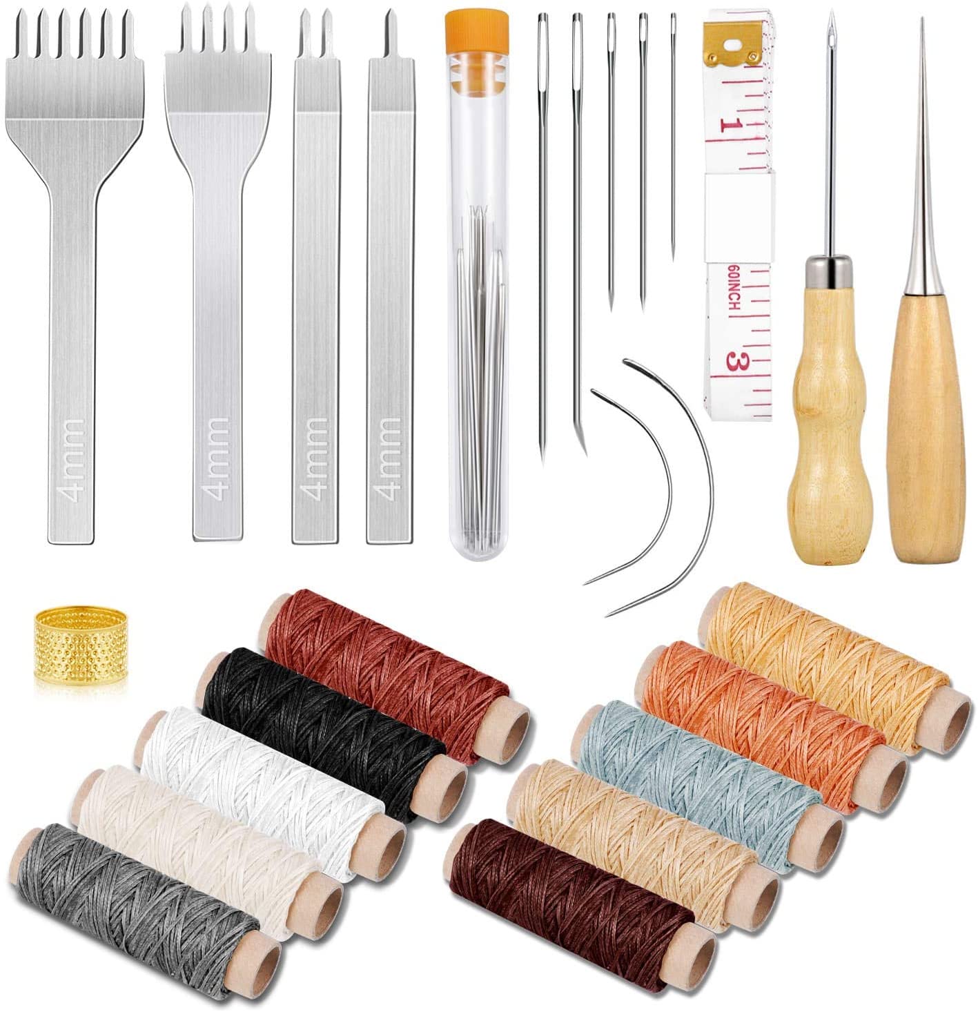 Cridoz 35 Pcs Leather Stitching Pouch Kit with 4mm Prong Sewing Hole Punch, Leather Sewing Tools, Waxed Thread and Large-Eye Stitching Needles for Beginner Leather Sewing Working Crafting Projects image 0