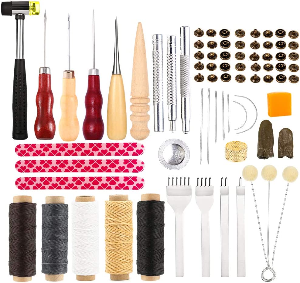 UOOU 46Pcs Leather Craft Tools Kit Leather Working Tools Basic Leather Sewing Repair kit Waxed Thread Prong Punch Snaps and Rivets Kit Hand Sewing Needles Awl for Leather Shoes Bag Belt Repairing image 0