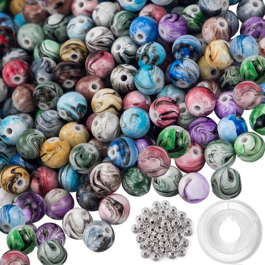 Quefe 500pcs Craft Beads for Jewelry Making, for Bracelets Making,Space Acrylic Beads in Ink Patterns with 50pcs Spacer Beads and Crystal String (8mm) image 0