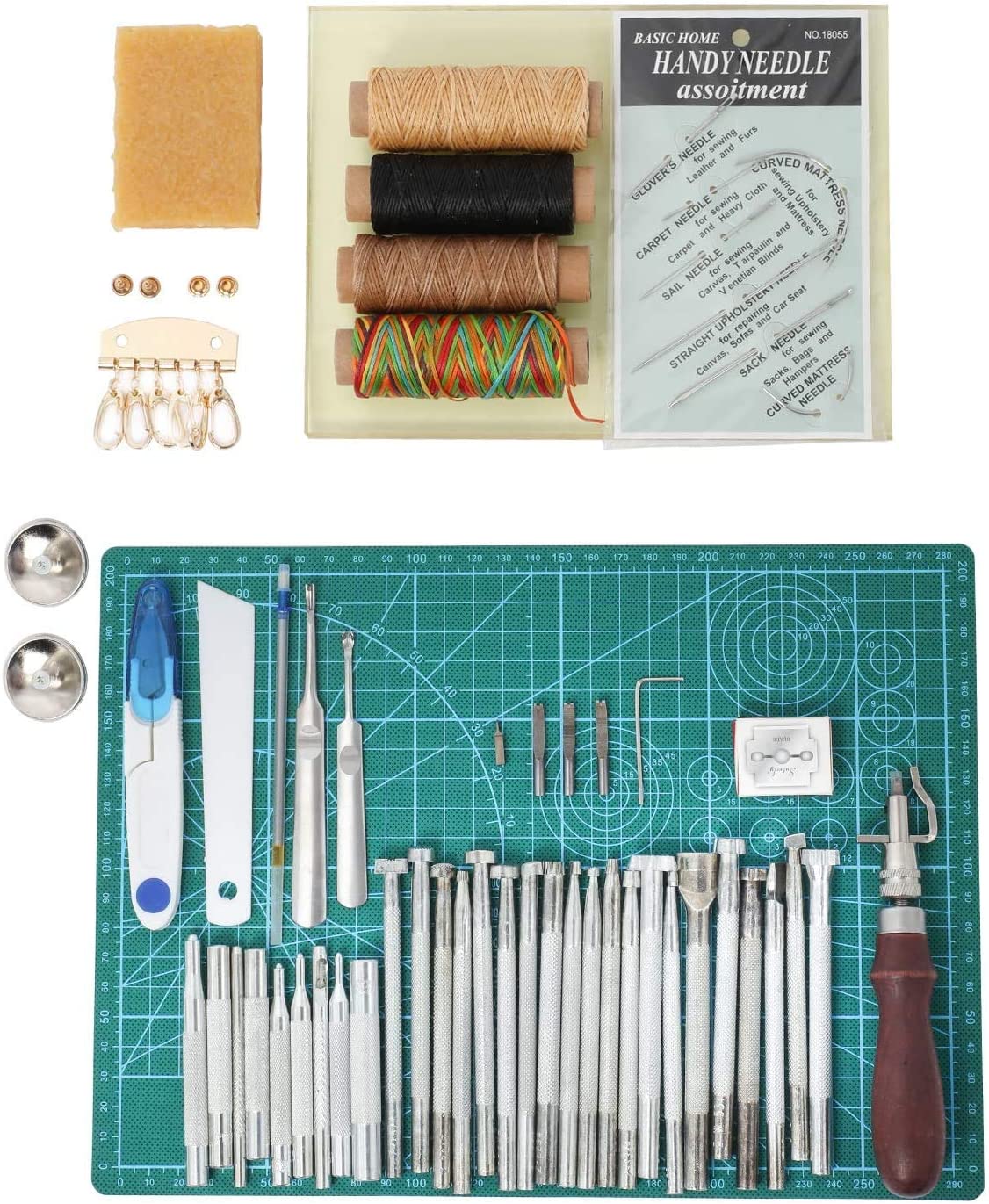 Leathercraft Working Tools Kit, Leather Craft Stamping Tools with Cutting Mat, Stitching Groover, Prong Punch, Snaps, Rivets Kit and Professional Stitching Sewing Tools for DIY Leathercraft image 1